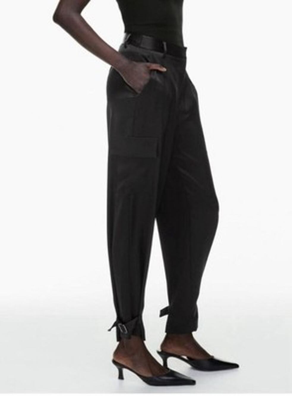 Aritzia Babaton Refined Satin Cargo Pants Size 10 Black High Rise Buckle Ankle